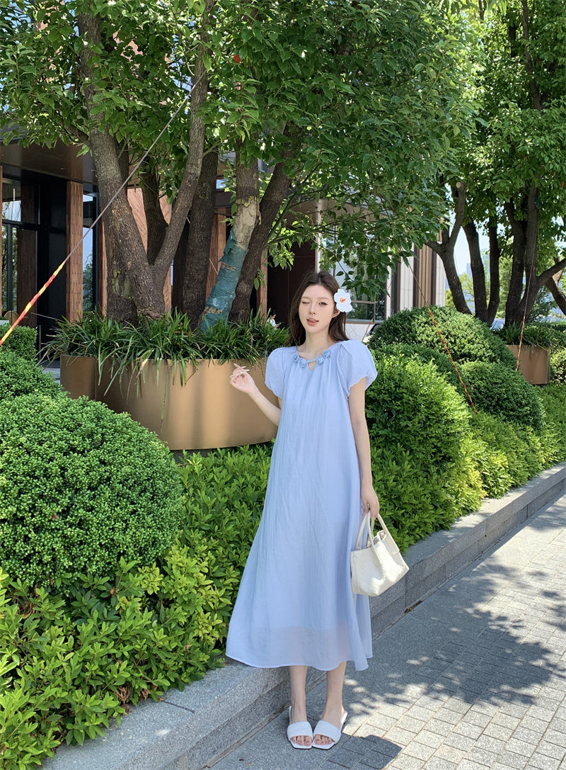 法式復古花朵短袖收腰顯瘦度假洋裝