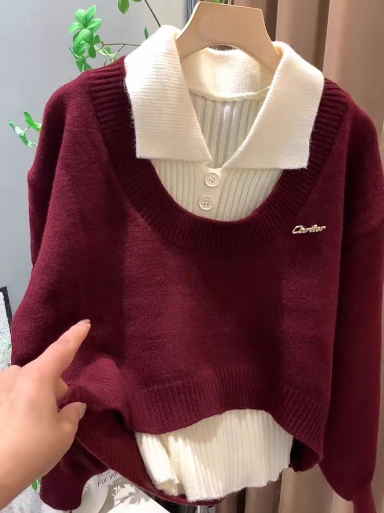 冬季短款翻領假兩件長袖上衣