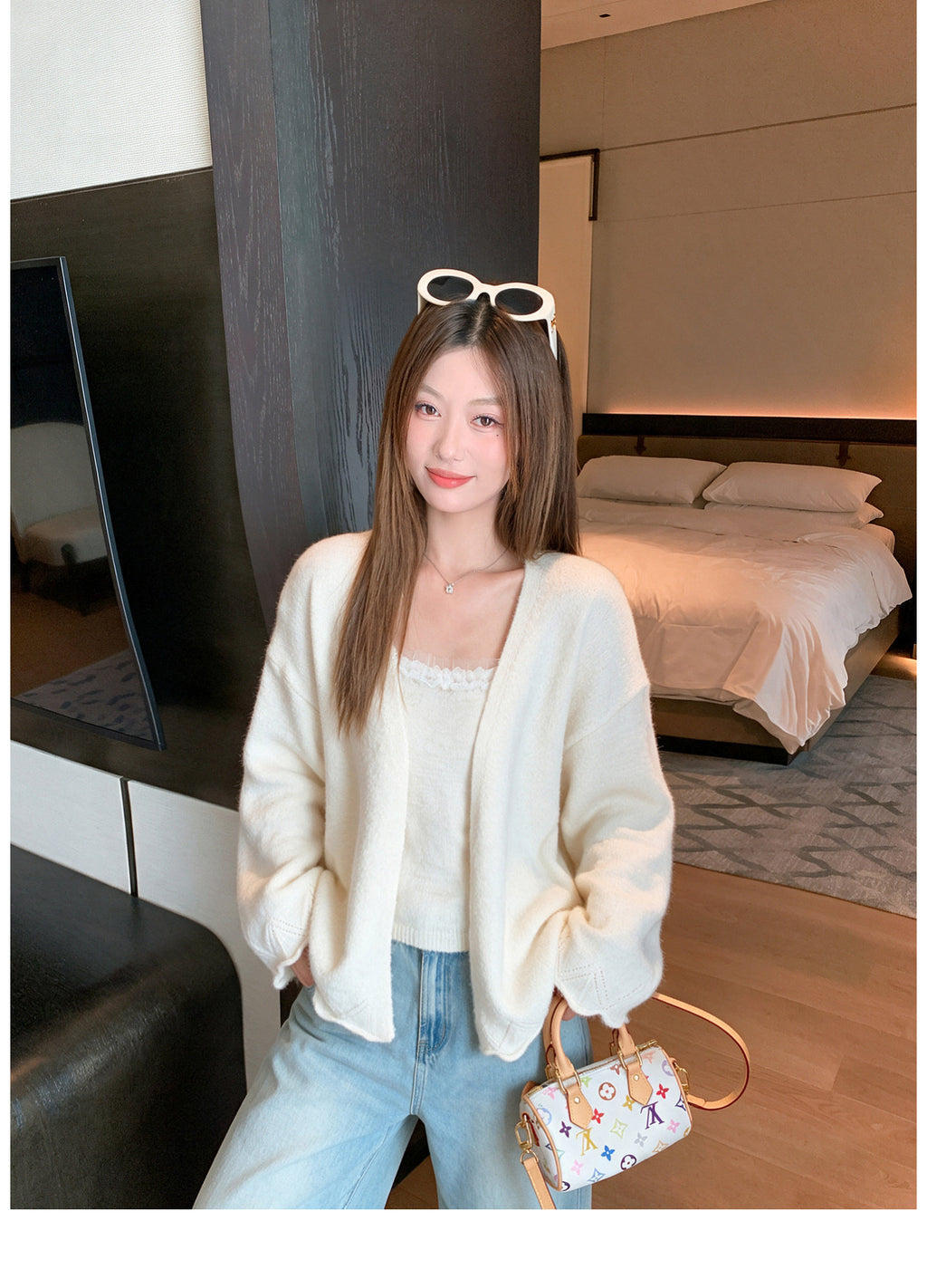 韓系淺粉毛慵懶風寬鬆休閒針織外套