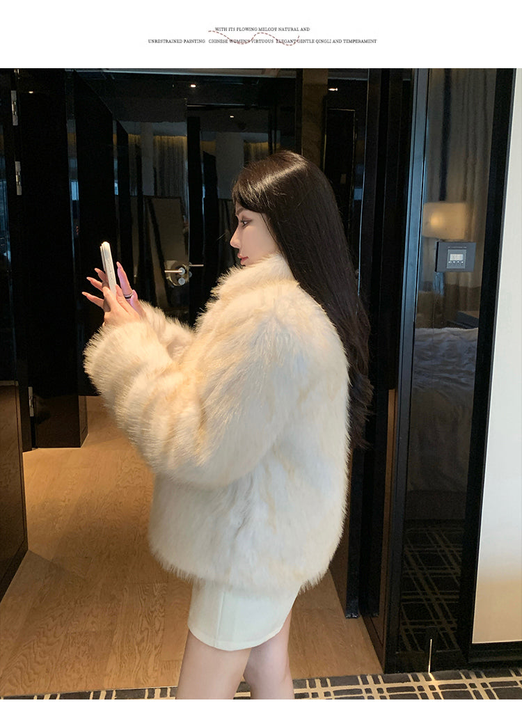 冬季小立領紡狐狸毛皮草毛毛外套