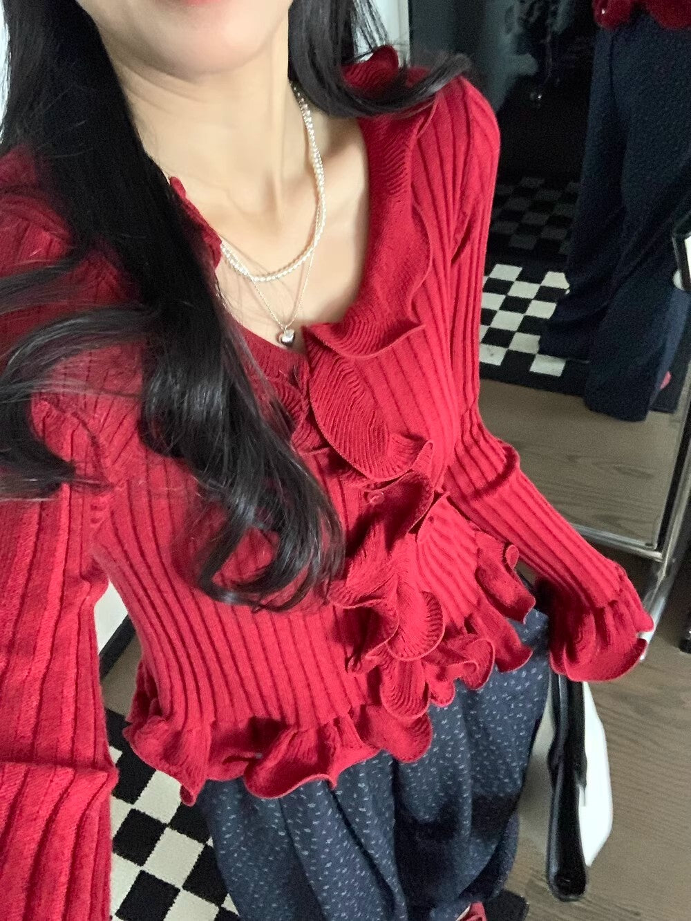 韓系甜美純欲木耳邊修身針織v領上衣