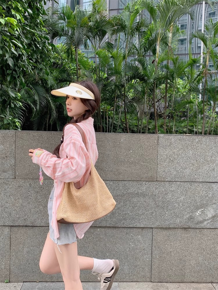 秋季慵懶外搭寬鬆藍色條紋襯衫外套