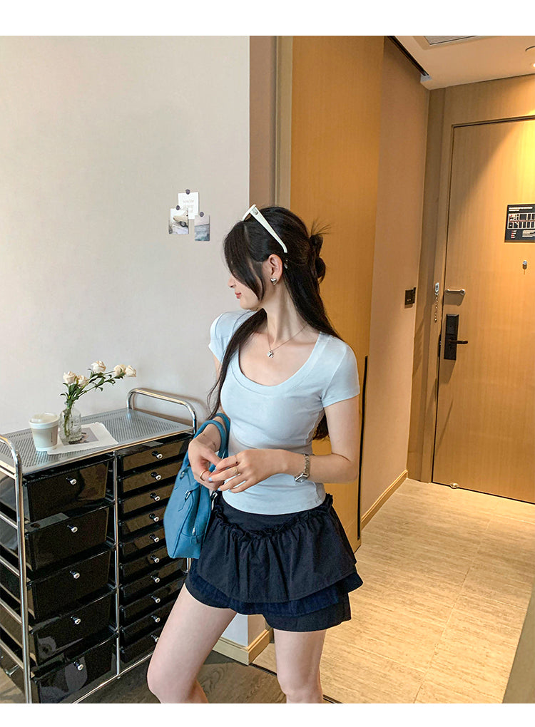 日常慵懶U領短版短袖上衣