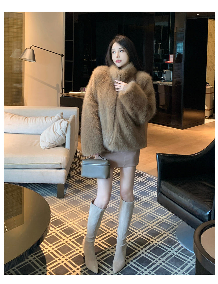 冬季小立領紡狐狸毛皮草毛毛外套