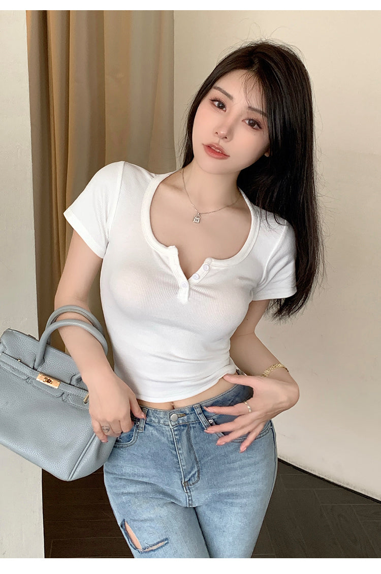 韓系紐扣設計感短款修身上衣
