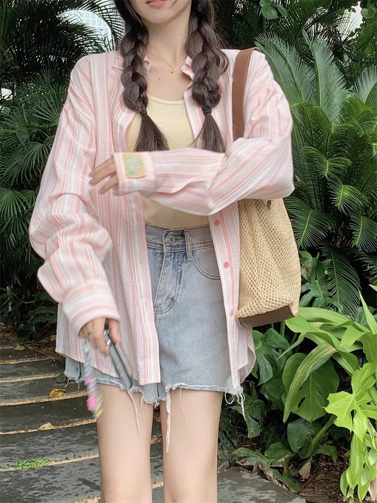 秋季慵懶外搭寬鬆藍色條紋襯衫外套