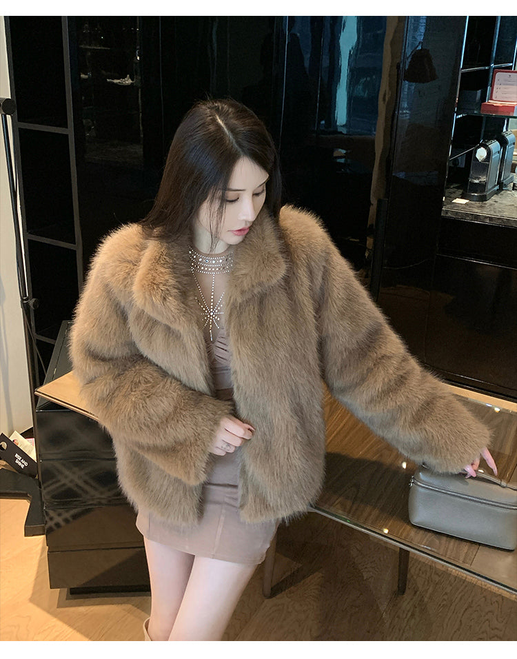冬季小立領紡狐狸毛皮草毛毛外套
