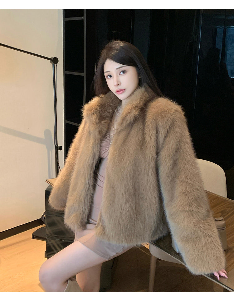 冬季小立領紡狐狸毛皮草毛毛外套