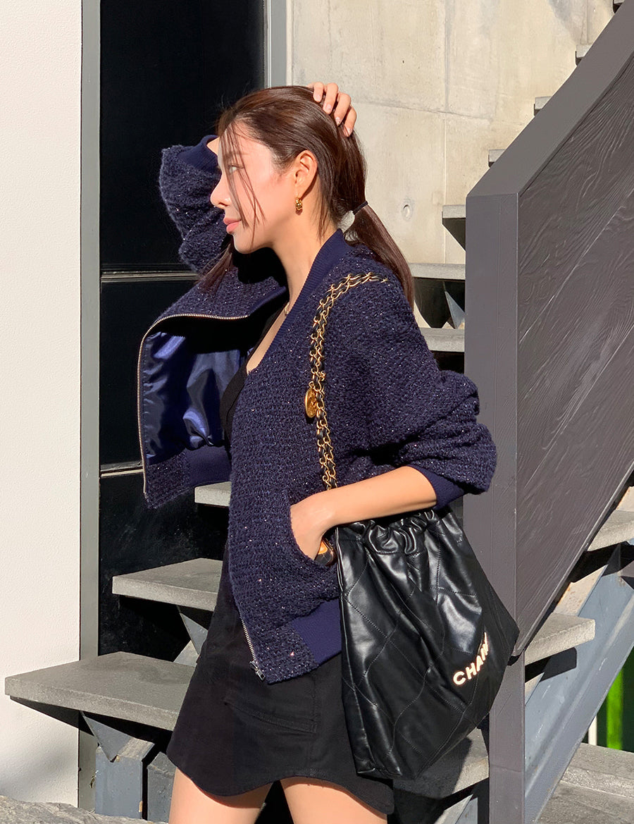粗花毛呢小香風棒球拉鍊外套