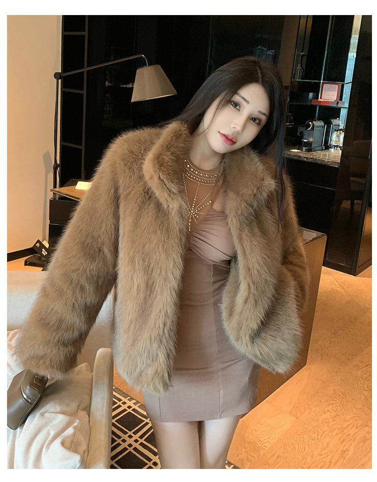 冬季小立領紡狐狸毛皮草毛毛外套