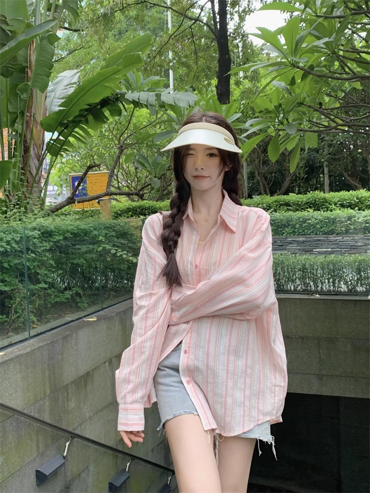 秋季慵懶外搭寬鬆藍色條紋襯衫外套