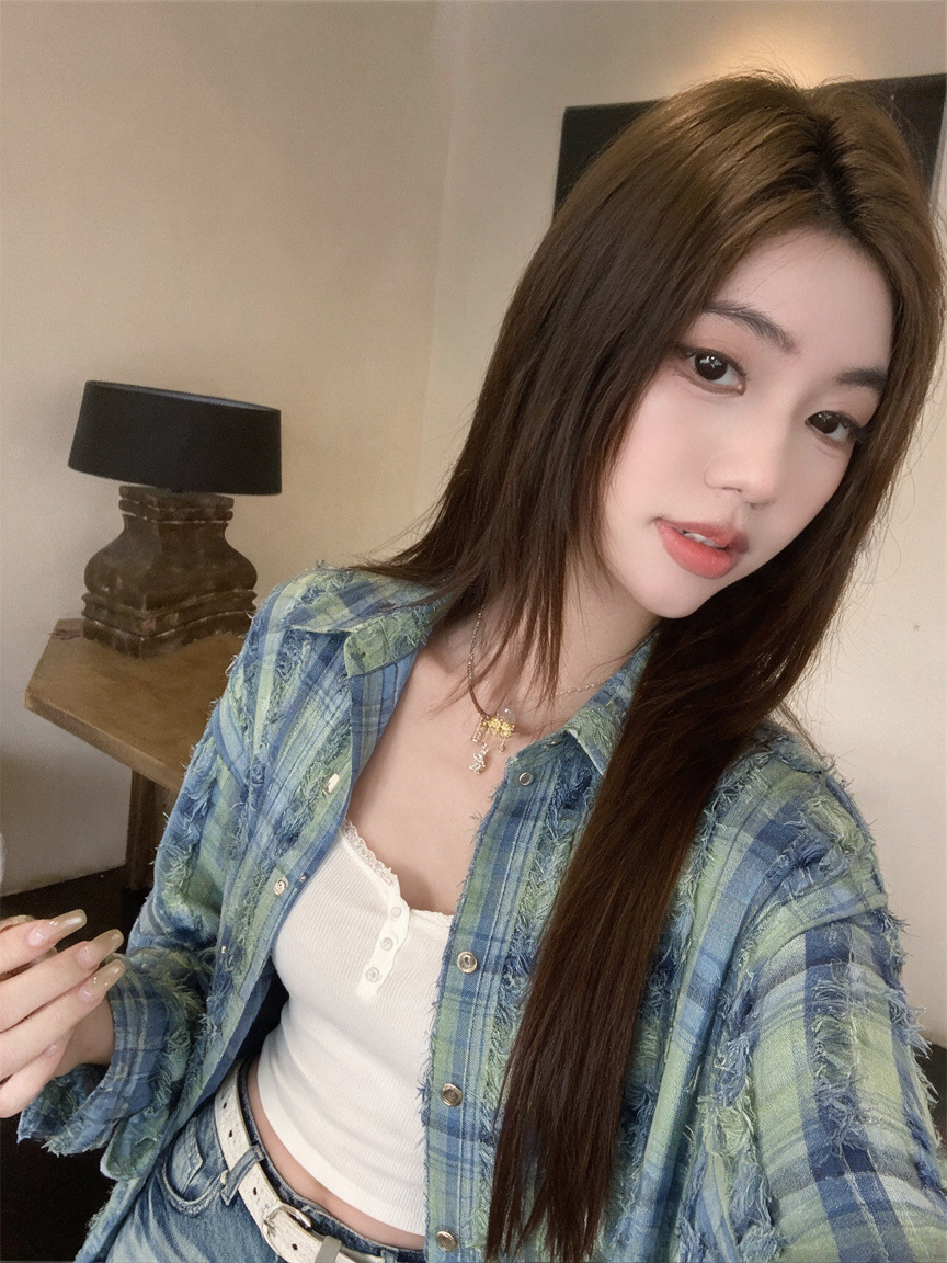 秋季愜意寬鬆格子流蘇長袖襯衫