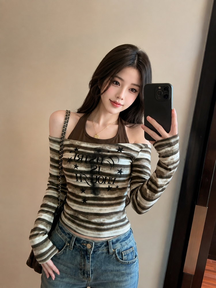 美式時尚百搭顯瘦假兩件上衣