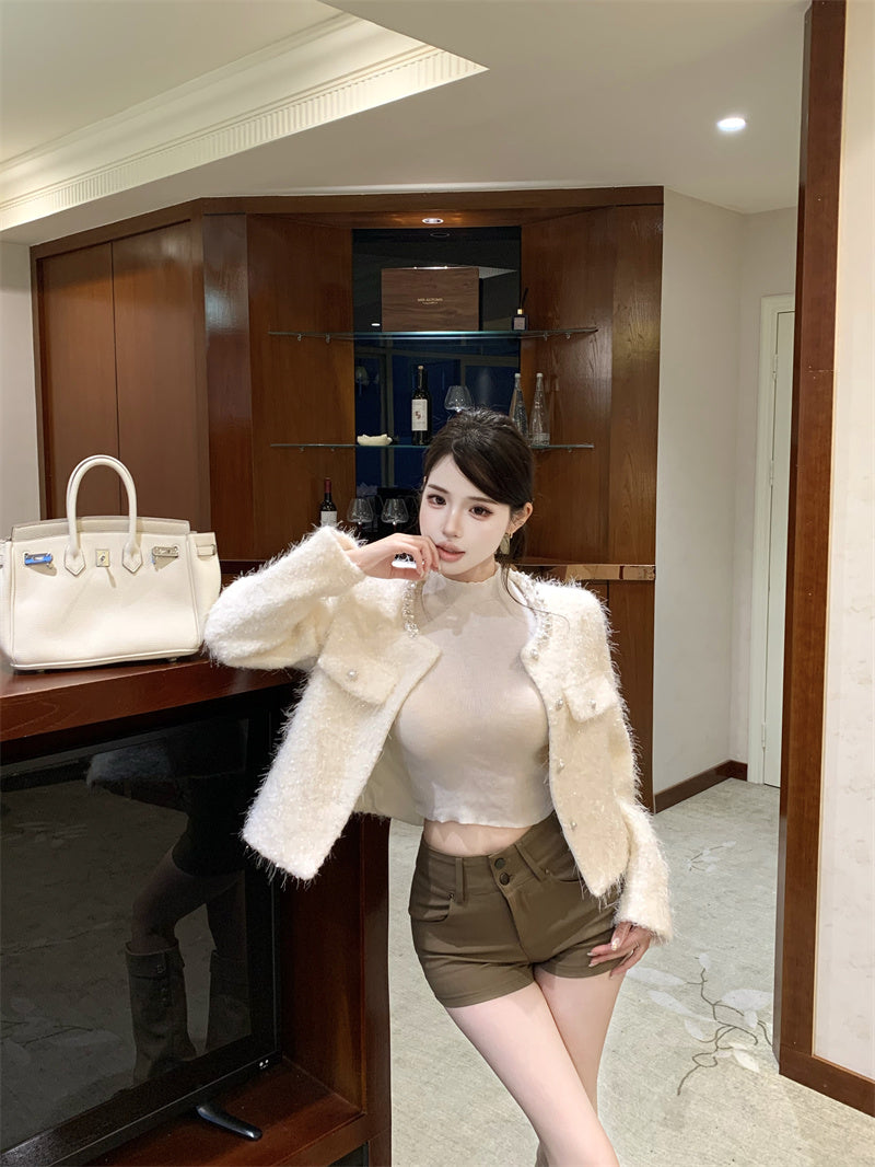 秋冬法式珍珠領毛呢小香風短款千金外套