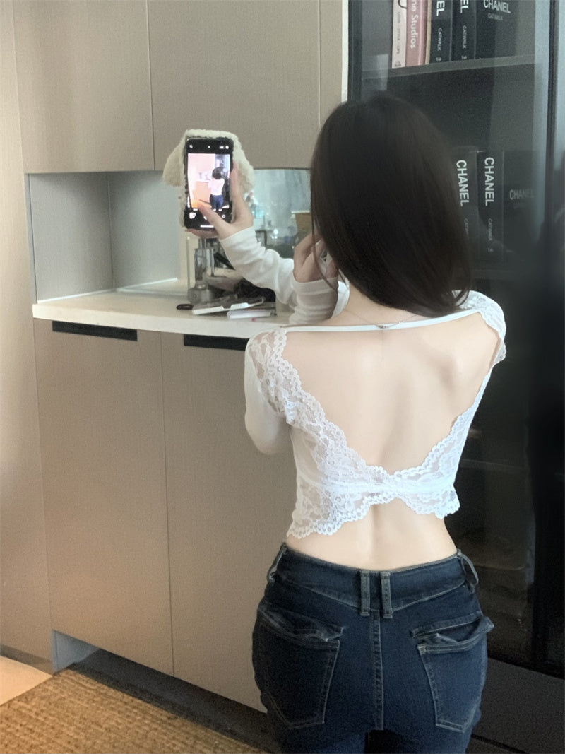 性感純欲蕾絲拼接露背方領長袖帶胸墊上衣