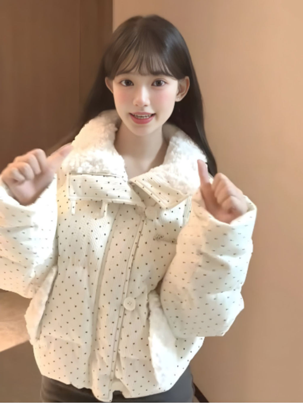 氣質燈芯絨波點立領羽絨外套