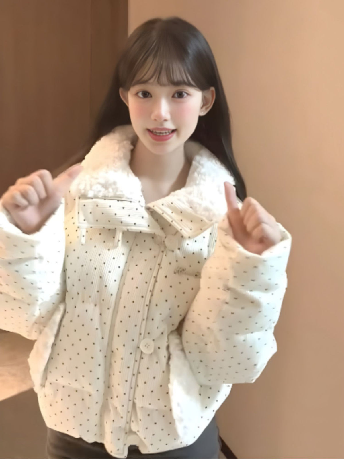 氣質燈芯絨波點立領羽絨外套
