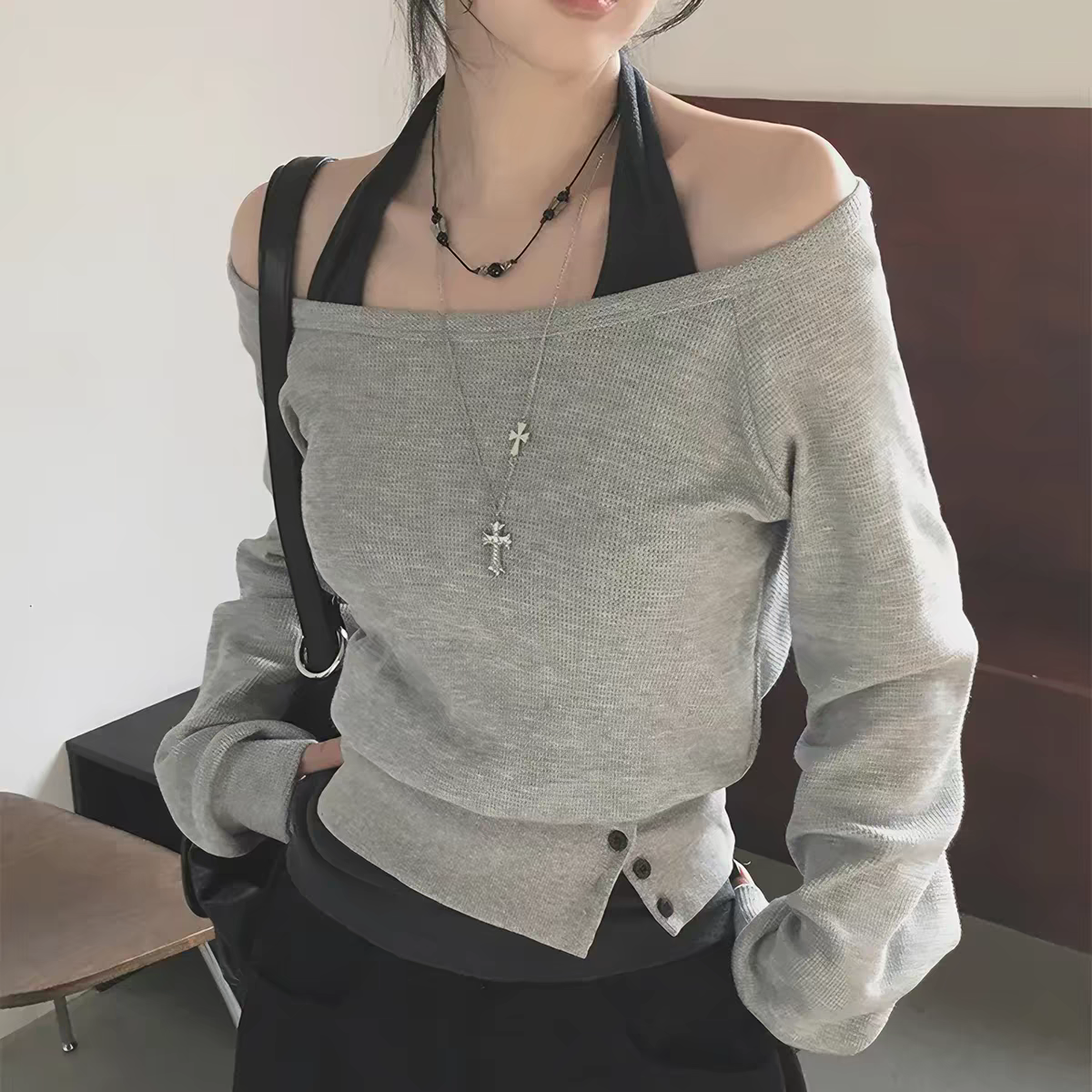 休閒掛脖紐扣T恤真兩件套裝