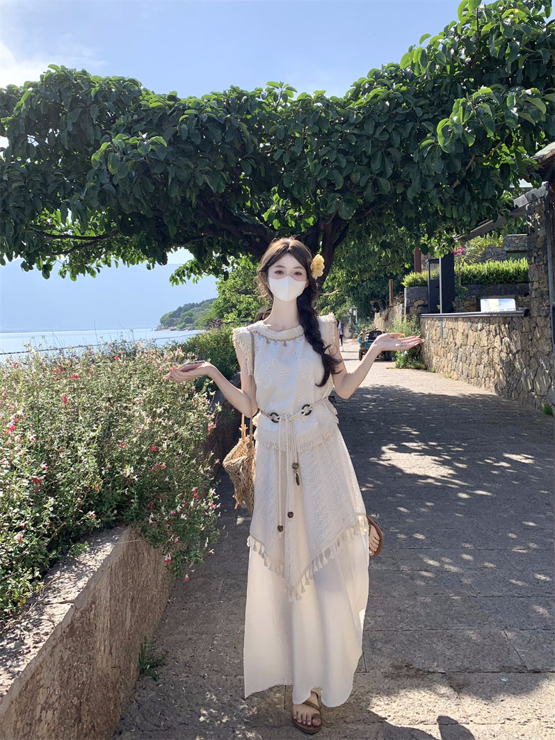 度假風不規則流蘇馬甲半身裙套裝