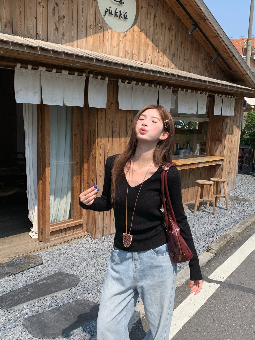 秋冬v領針織內搭打底修身針織上衣