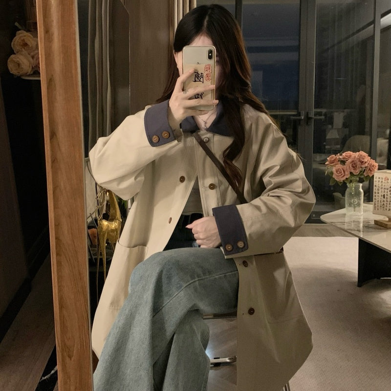 韓系撞色卡其風衣外套