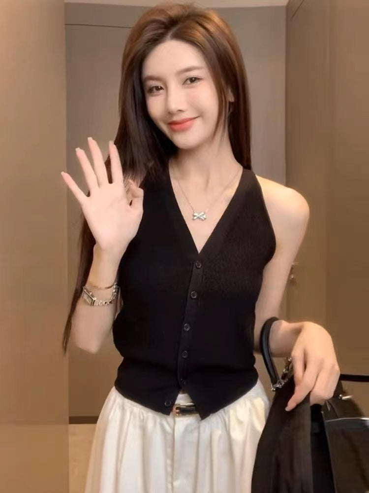 純欲風V領鈕扣針織無袖背心
