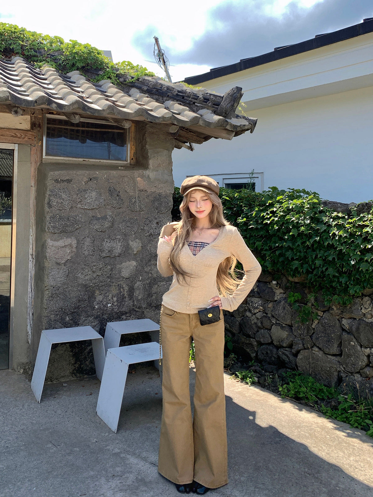 美拉德系氣質卡其假兩件長袖上衣