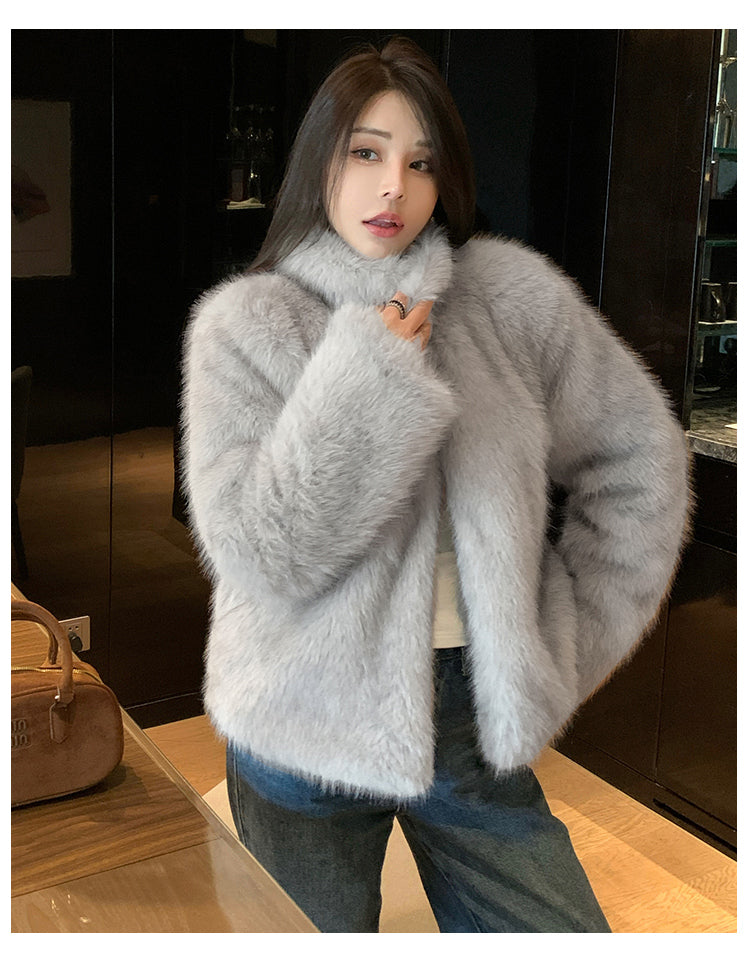 冬季小立領紡狐狸毛皮草毛毛外套