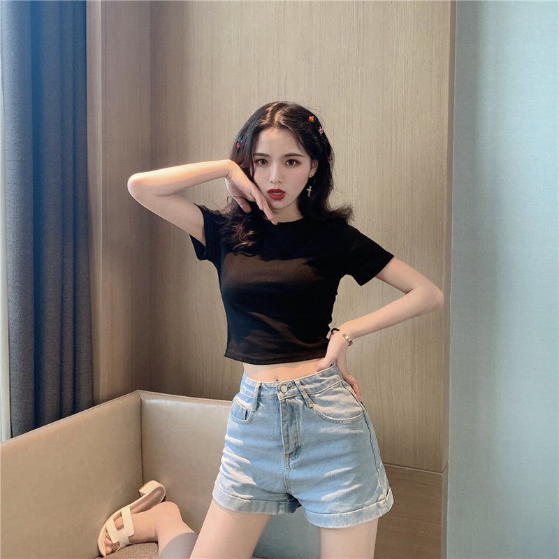 人手一件純色短袖圓領露臍上衣