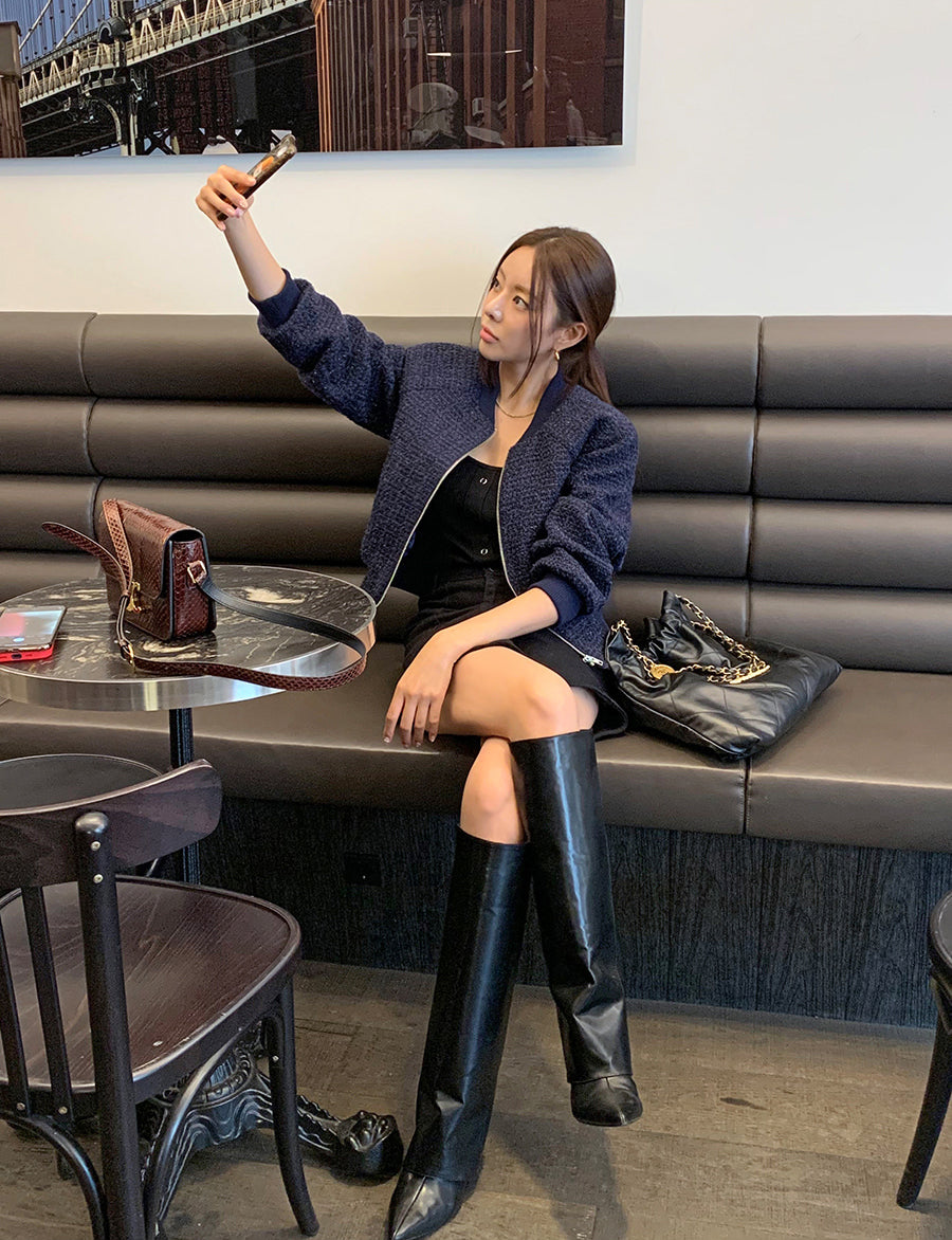 粗花毛呢小香風棒球拉鍊外套