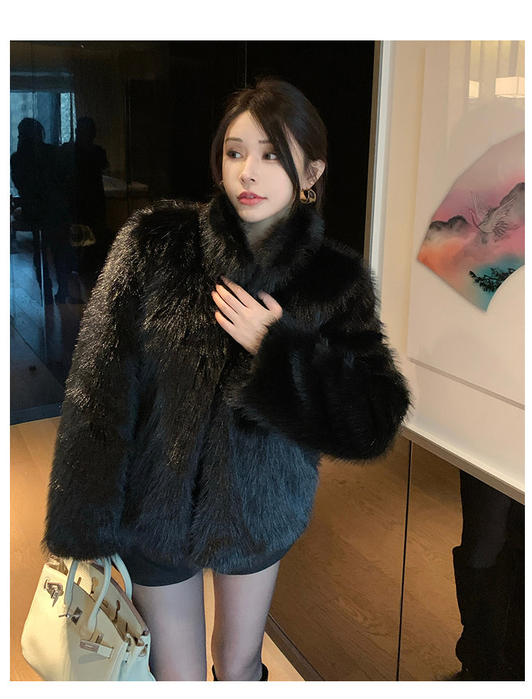 冬季小立領紡狐狸毛皮草毛毛外套