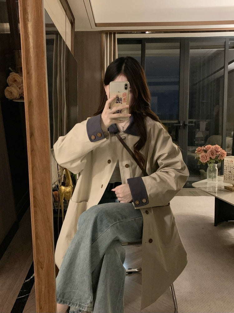韓系撞色卡其風衣外套