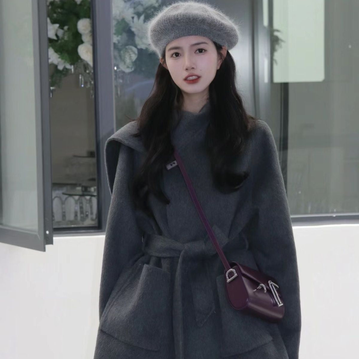 赫本風設計感灰色毛外套