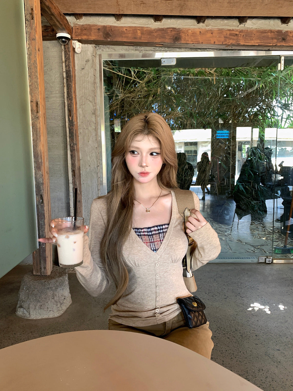 美拉德系氣質卡其假兩件長袖上衣
