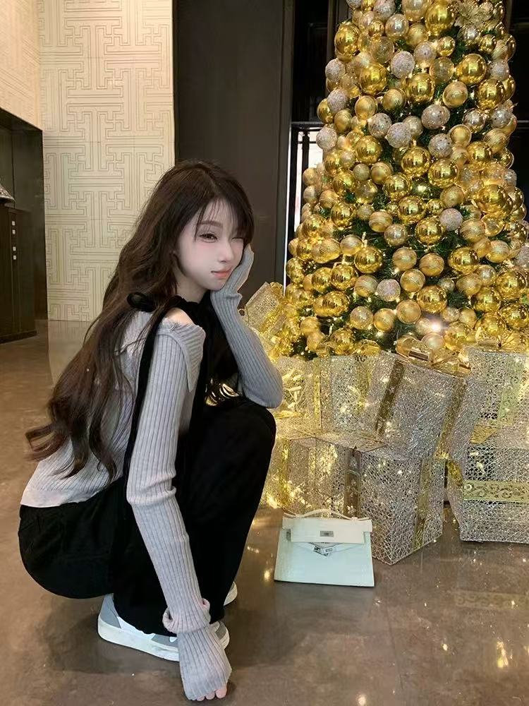 優雅溫柔綁帶露肩針織打底衫上衣