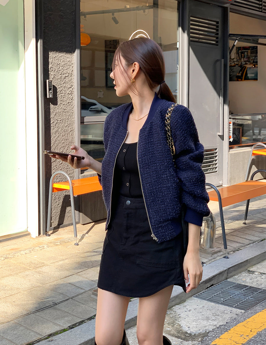 粗花毛呢小香風棒球拉鍊外套