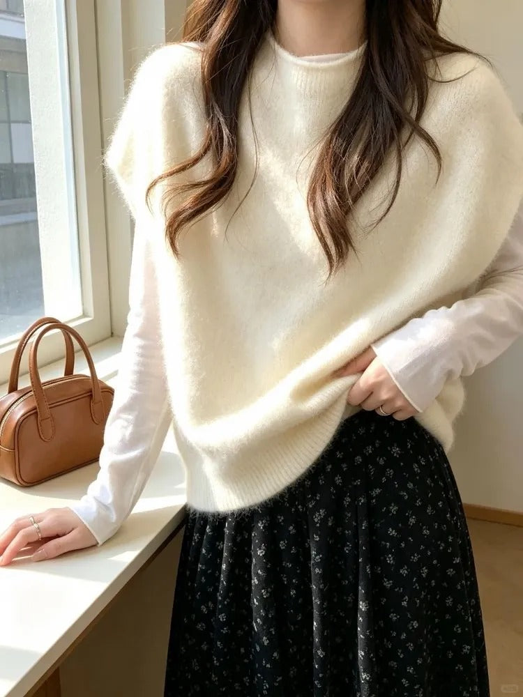 秋冬韓系溫柔白色針織馬甲上衣