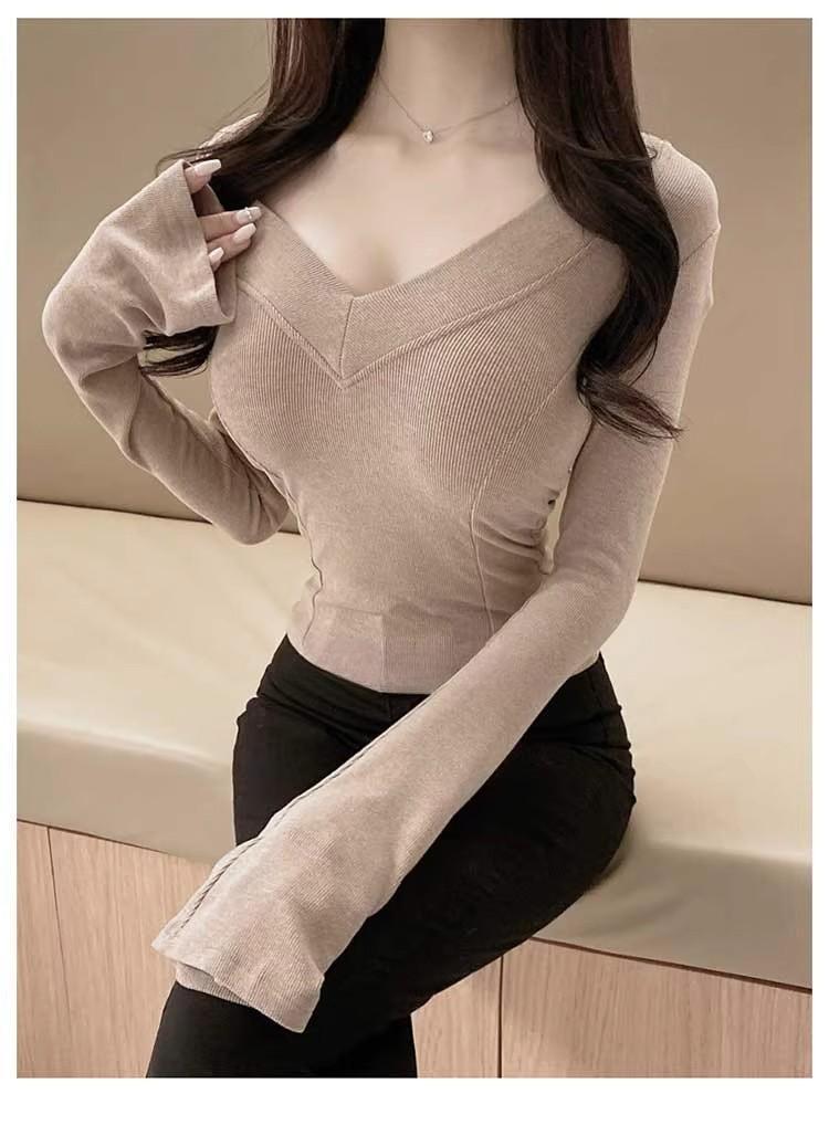 秋冬修身顯身材v領緊身磨毛打底上衣
