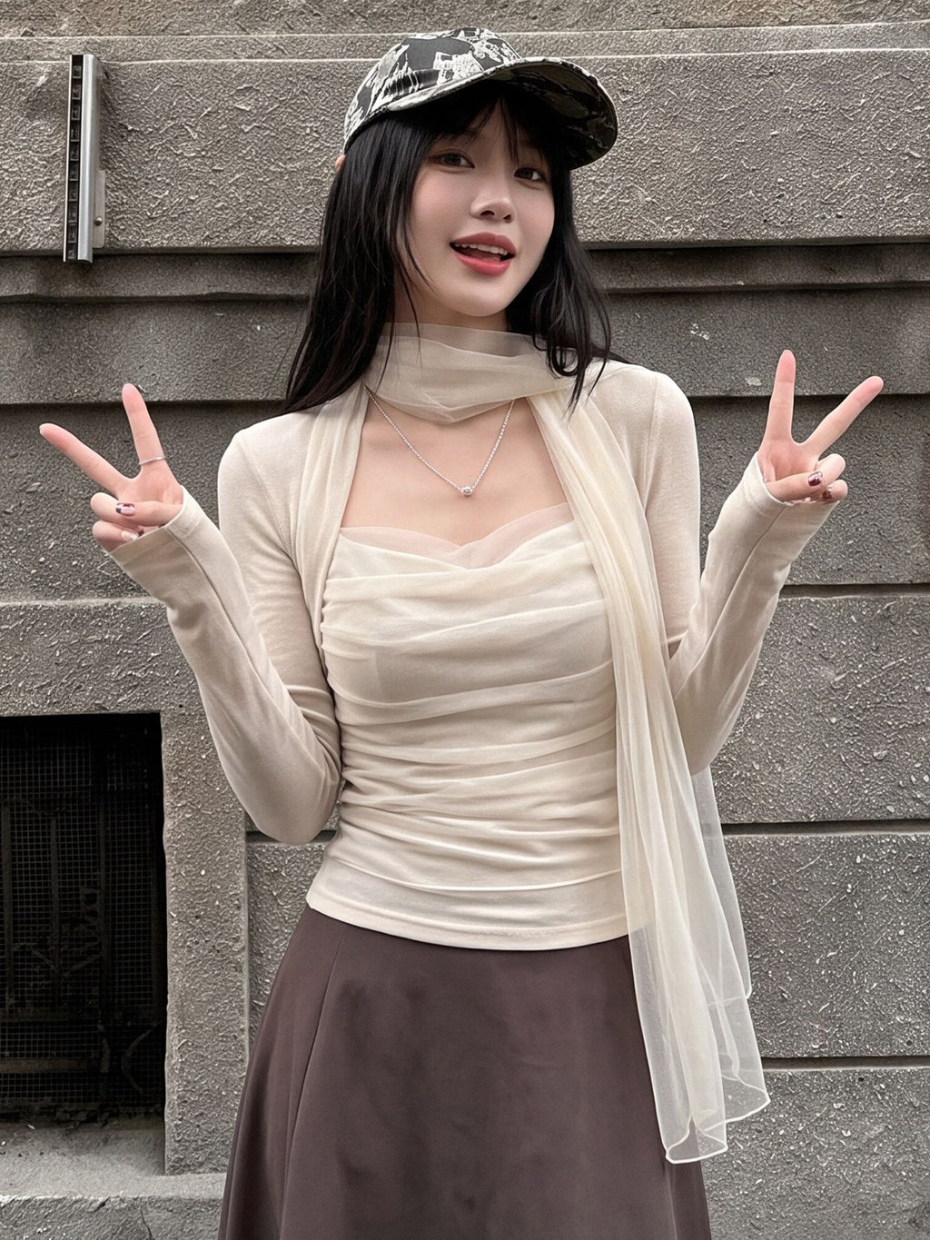 辣妹飄帶掛脖網紗長袖