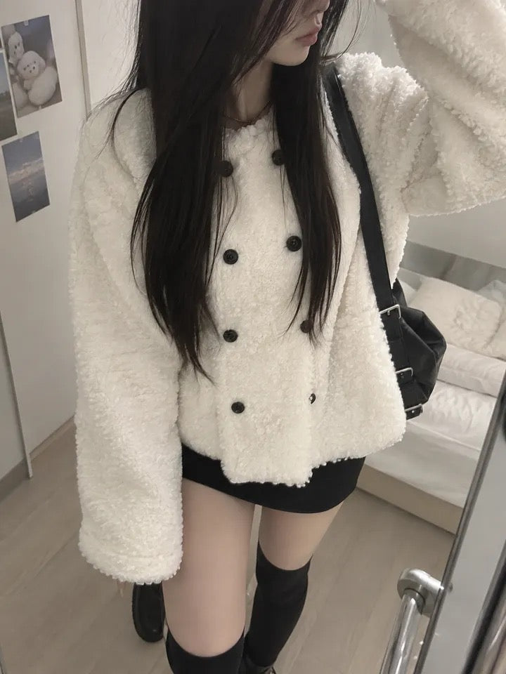 chic韓系溫柔雙排釦羊羔毛外套