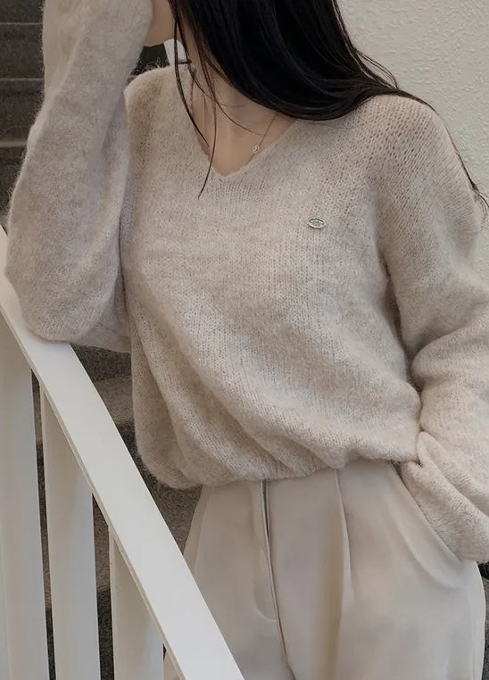 韓系軟糯慵懶寬鬆v領毛絨絨簡約毛衣