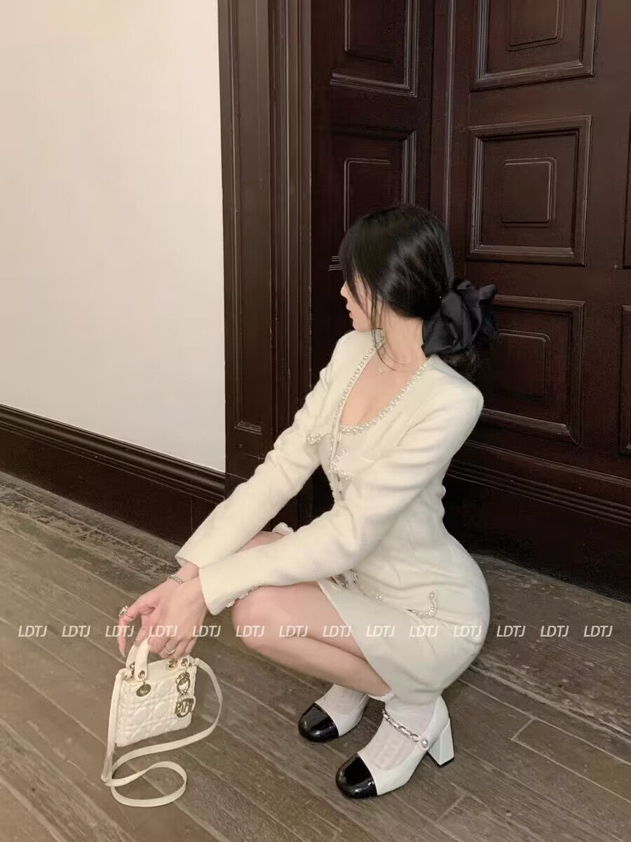 高訂小香風白珍珠鑽扣羊毛收腰連衣裙