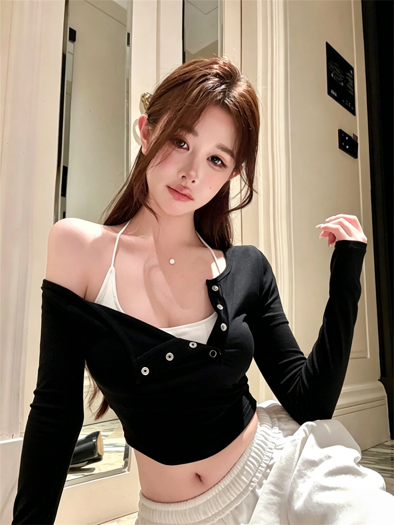 美式辣妹掛脖斜肩設計感修身長袖上衣