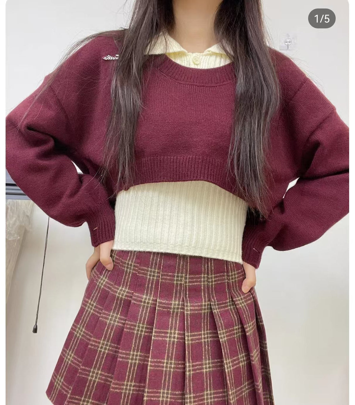 冬季短款翻領假兩件長袖上衣