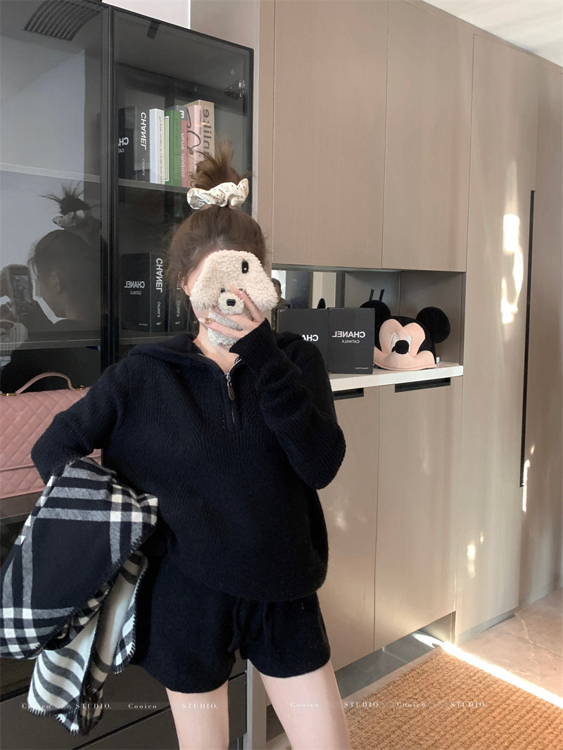 秋冬簡約居家連帽針織上衣&短褲套裝