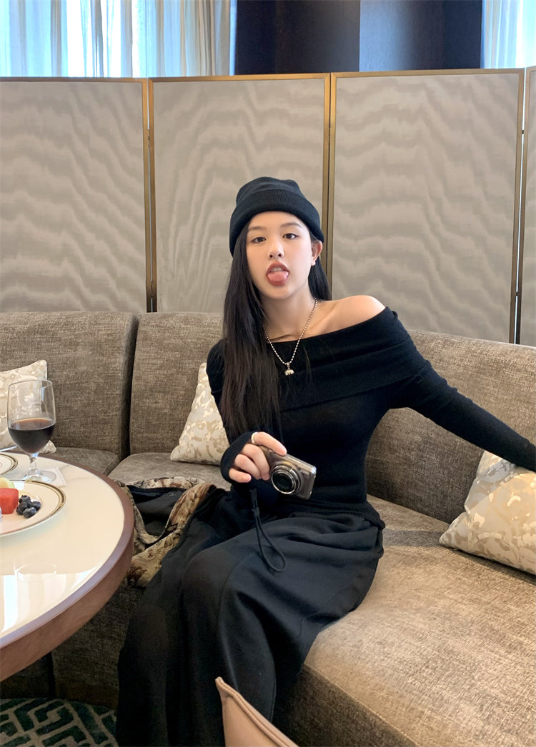 法式chic氣質溫柔褶皺露肩針織衫上衣