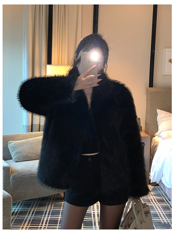 冬季小立領紡狐狸毛皮草毛毛外套
