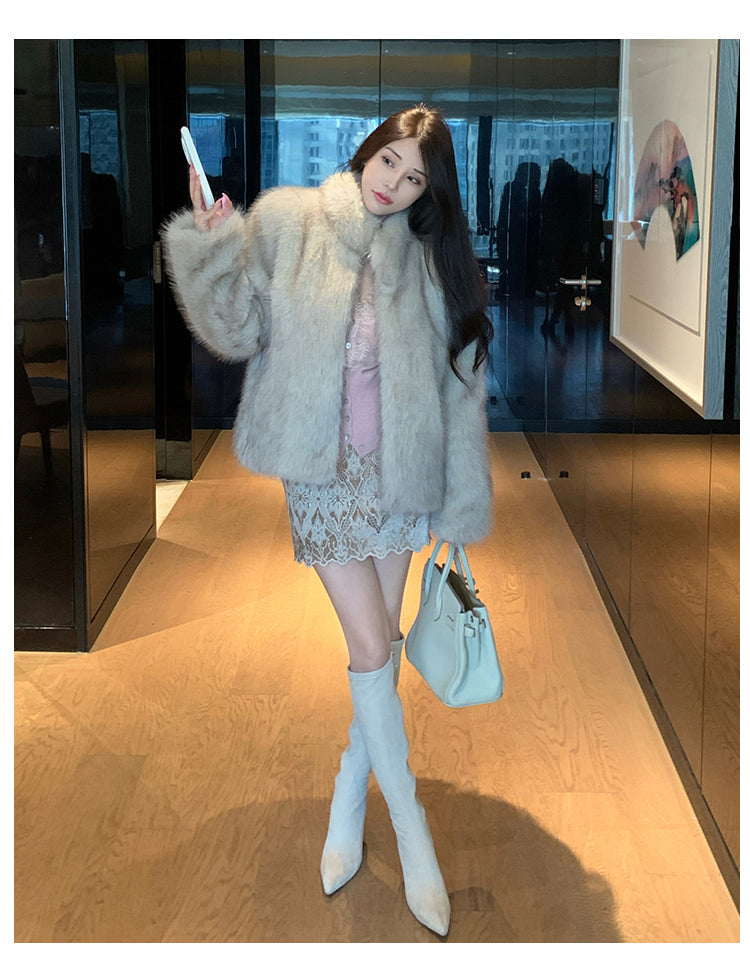 冬季小立領紡狐狸毛皮草毛毛外套