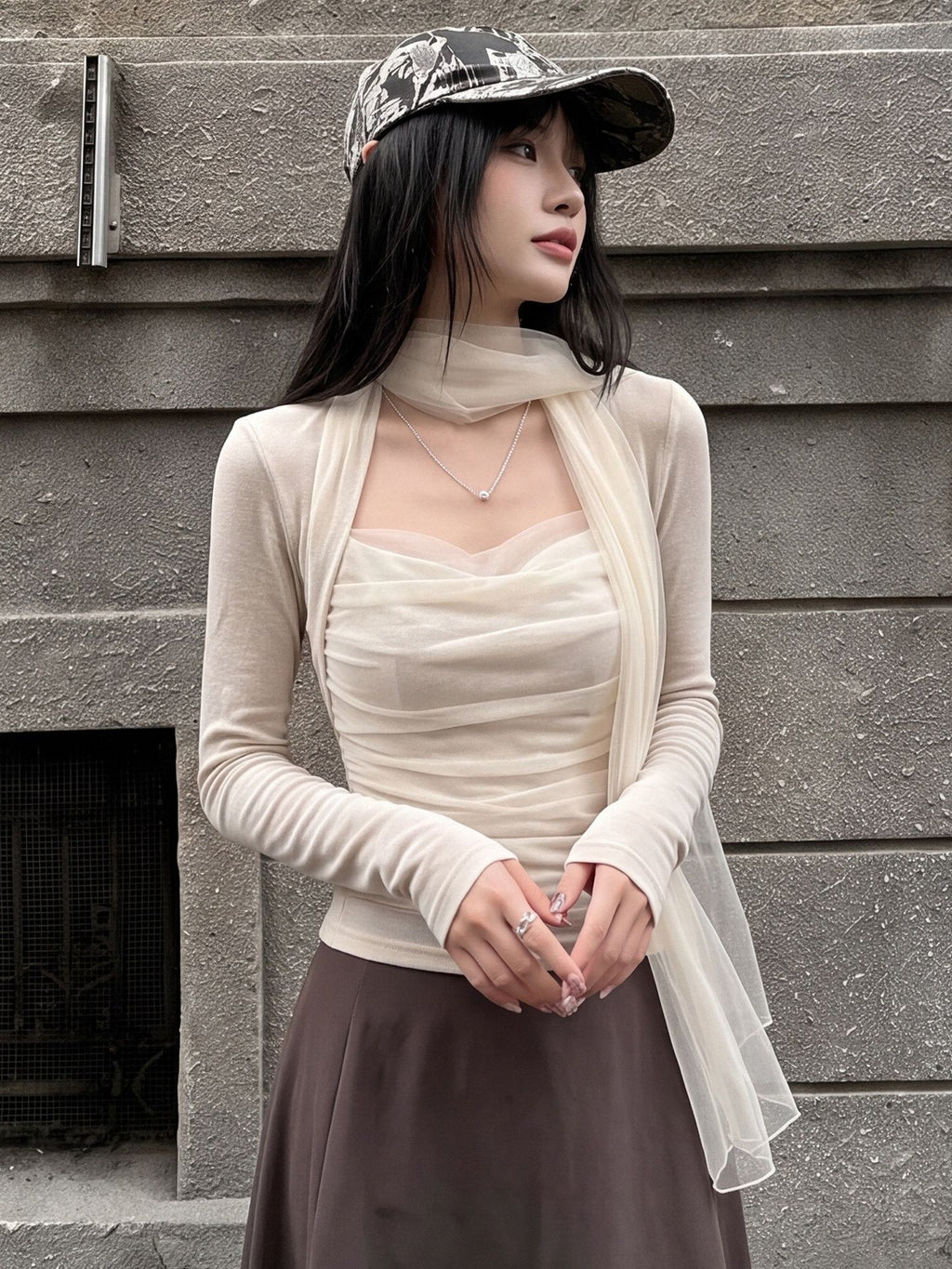 辣妹飄帶掛脖網紗長袖