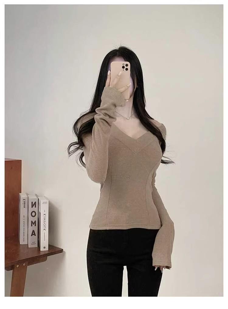 秋冬修身顯身材v領緊身磨毛打底上衣